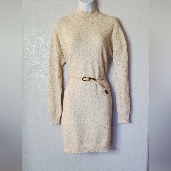 Neutral Mock Neck Belted Cream Knit Sweater Dress Size Medium - Picture 1 of 8